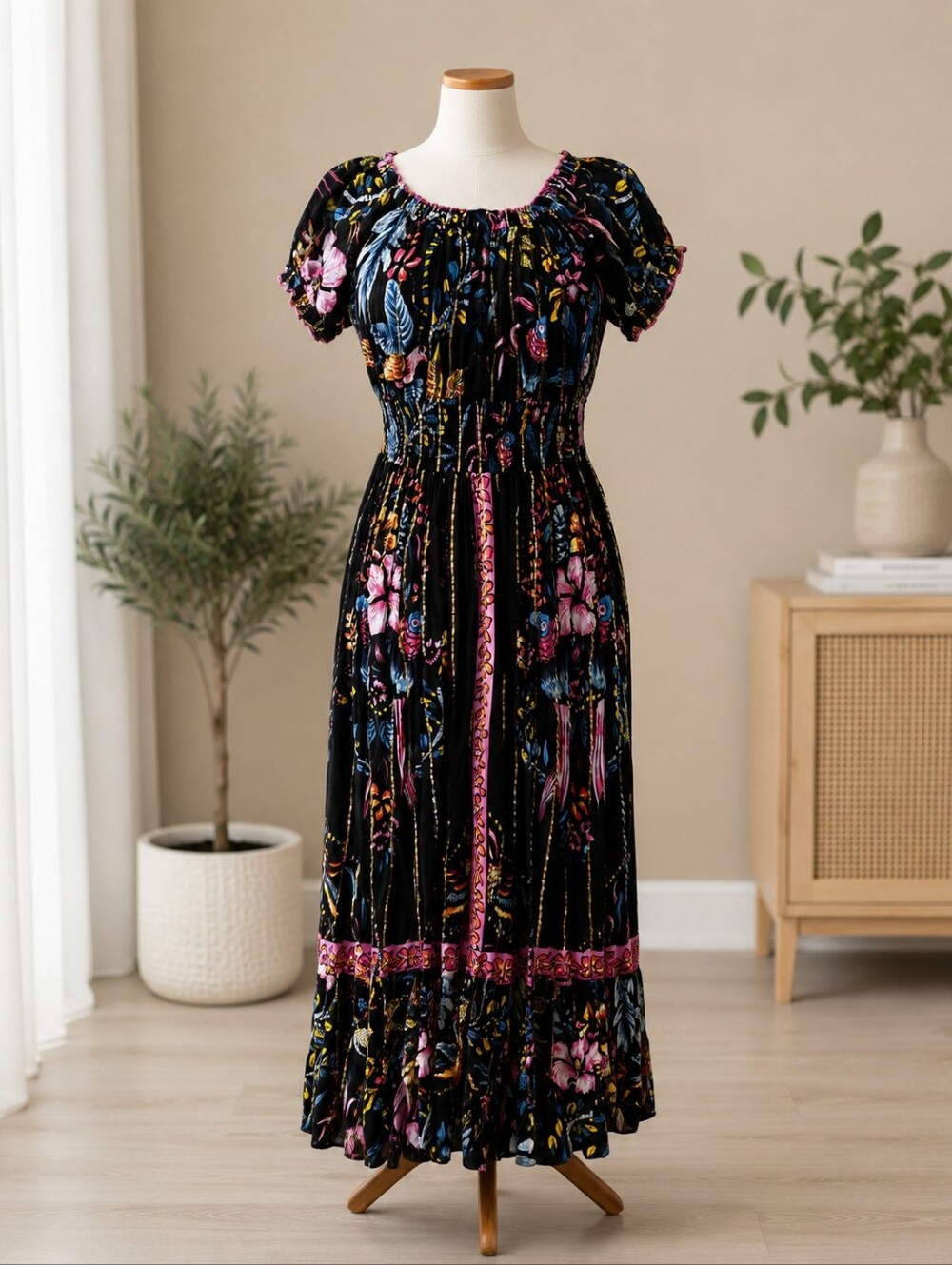 Me 2 Magic NWT Bohemian Dress With Floral And Bird Print, Size M